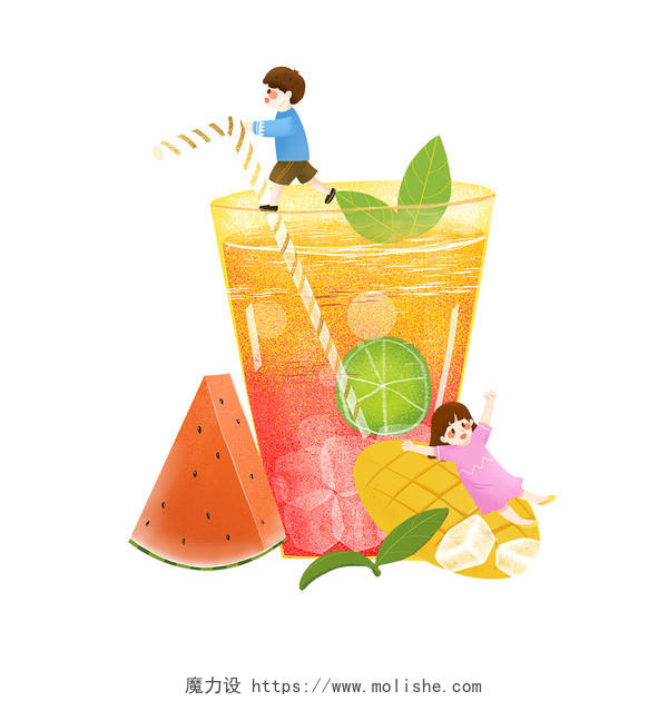 夏天卡通手绘饮品水果茶人物素材